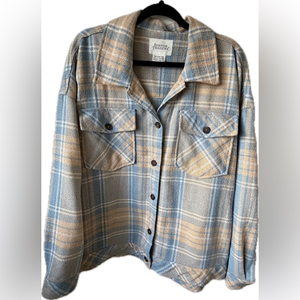 Boston Traders Plaid Shacket Blue Tan Button Front Shirt Jacket XXL